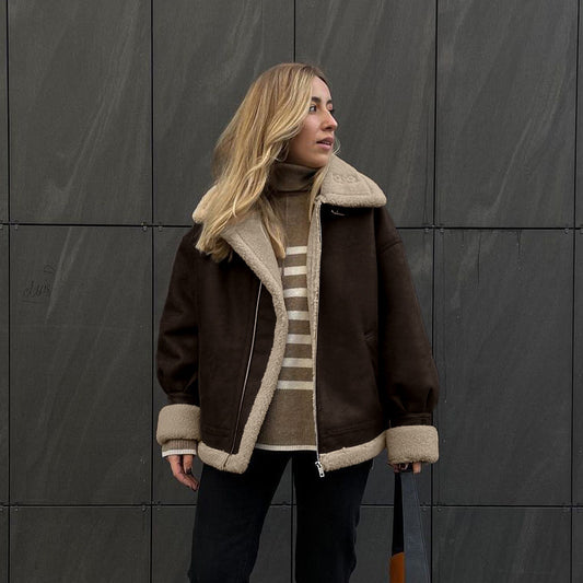 Veste vintage ample en suédine et laine d’agneau chaude