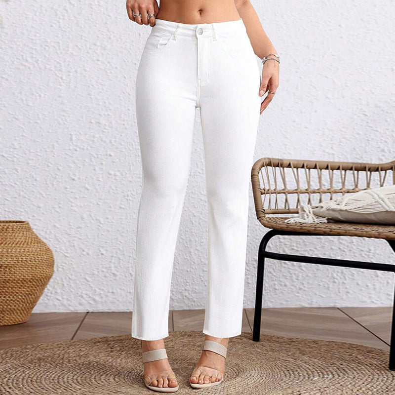 Jeans droit blanc raccourci grande taille