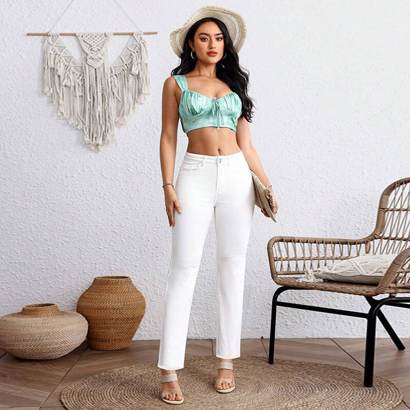 Jeans droit blanc raccourci grande taille