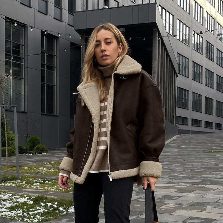 Veste vintage ample en suédine et laine d’agneau chaude