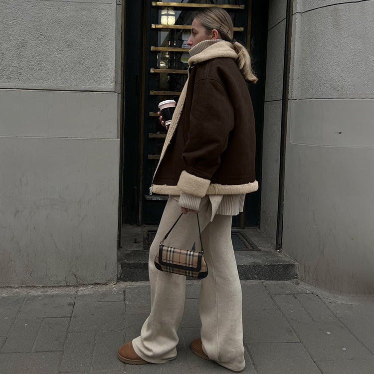 Veste vintage ample en suédine et laine d’agneau chaude