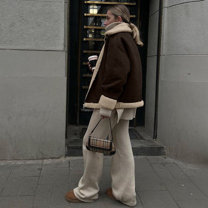 Veste vintage ample en suédine et laine d’agneau chaude