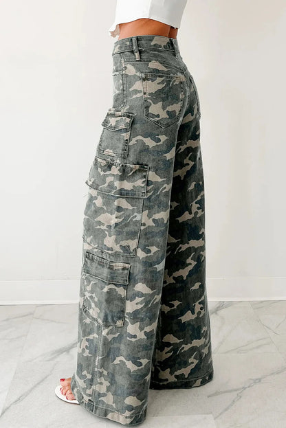 Pantalon cargo large en jean camouflage vert