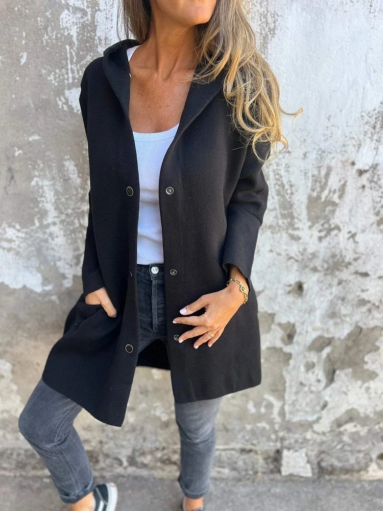 Cardigan à capuche décontracté à simple boutonnage