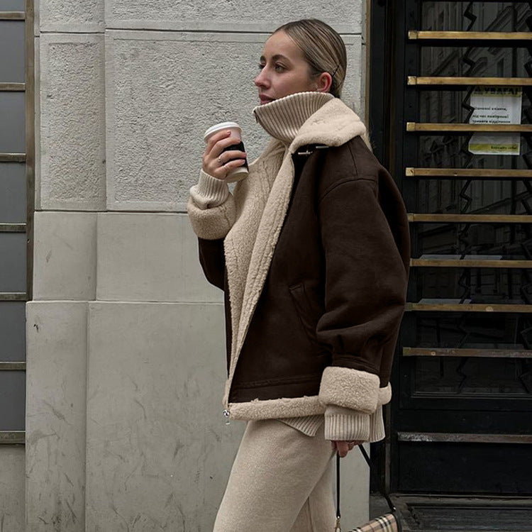Veste vintage ample en suédine et laine d’agneau chaude