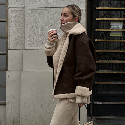 Veste vintage ample en suédine et laine d’agneau chaude