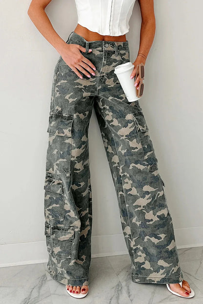 Pantalon cargo large en jean camouflage vert